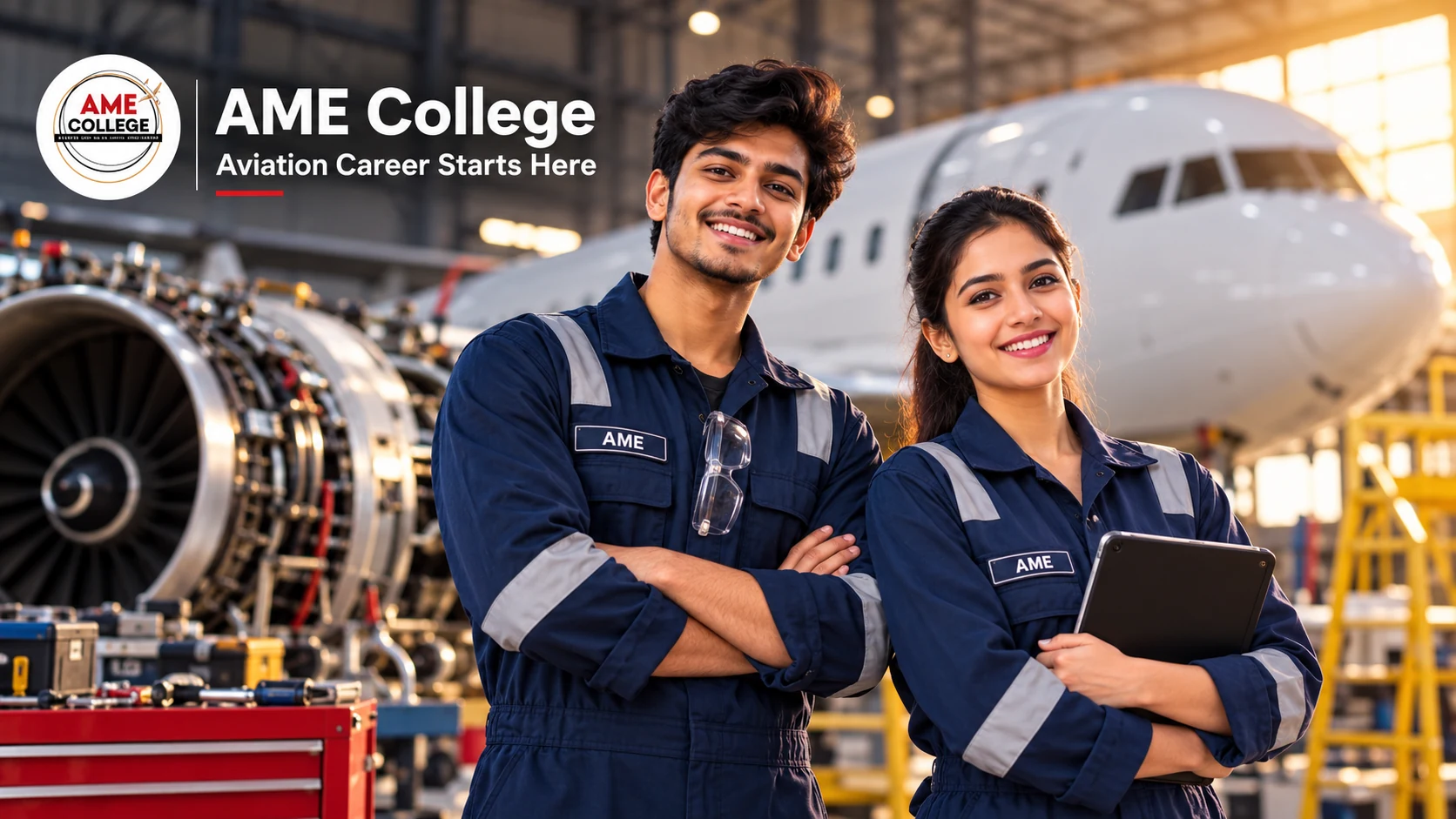 AME College students in an aircraft maintenance hangar